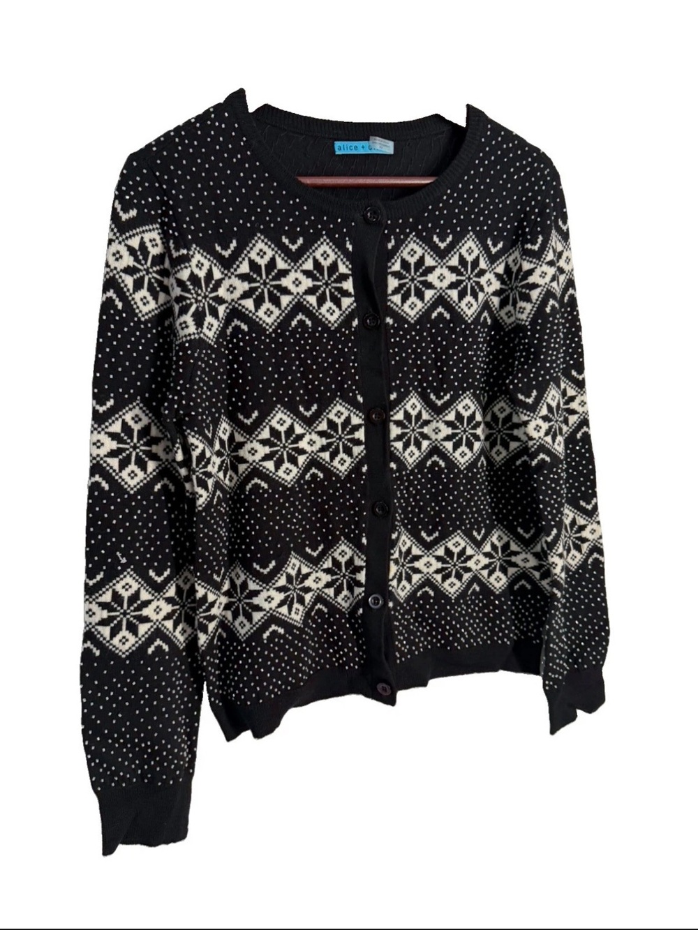 ALICE + OLIVIA SNOW JACQUARD AND BEADS CARDIGAN WOOL KNIT TOP SWEATER SIZE L - Picture 8 of 16